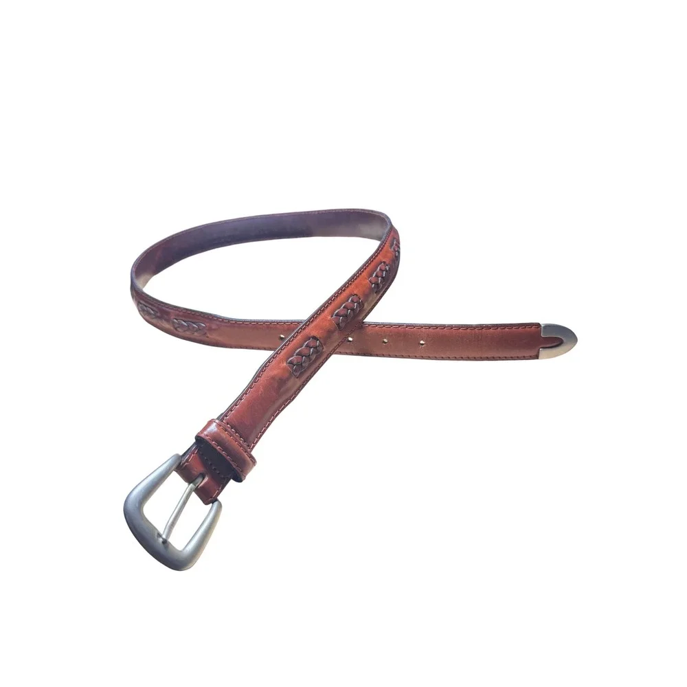 Mens Cognac Brown Full Grain Leather Braided Inlay Belt Florsheim Turkey 36 VTG
